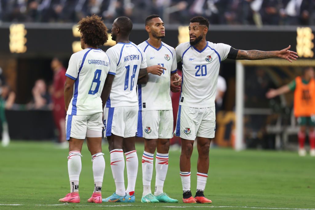 Adalberto Carrasquilla Alcazar #8, Cecilio Alfonso Waterman Ruiz #18, Ismael Diaz de Leon #11 and Anibal Godoy Lemus #20 of Panama defend ahead of a free kick for Mexico during the Concacaf Gold Cup final match at SoFi Stadium on July 16, 2023 in Inglewood, California. (Photo by Omar Vega/Getty Images)