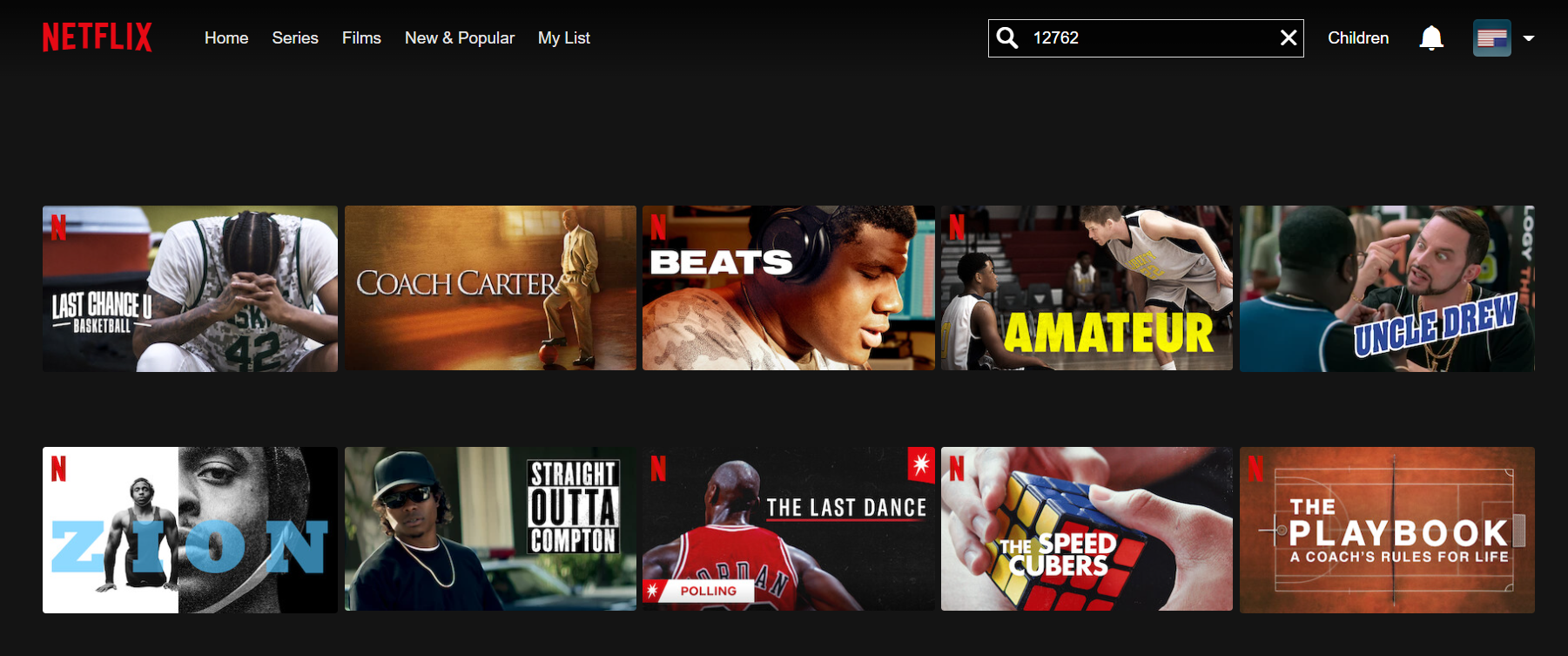 Поиск Netflix, показывающий фильмы о баскетболе