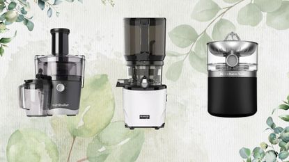The Nutribullet Centrifugal Juicer, a KitchenAId Go Cordless Juicer, and the Kuvings Auto10 Juicer on a green background