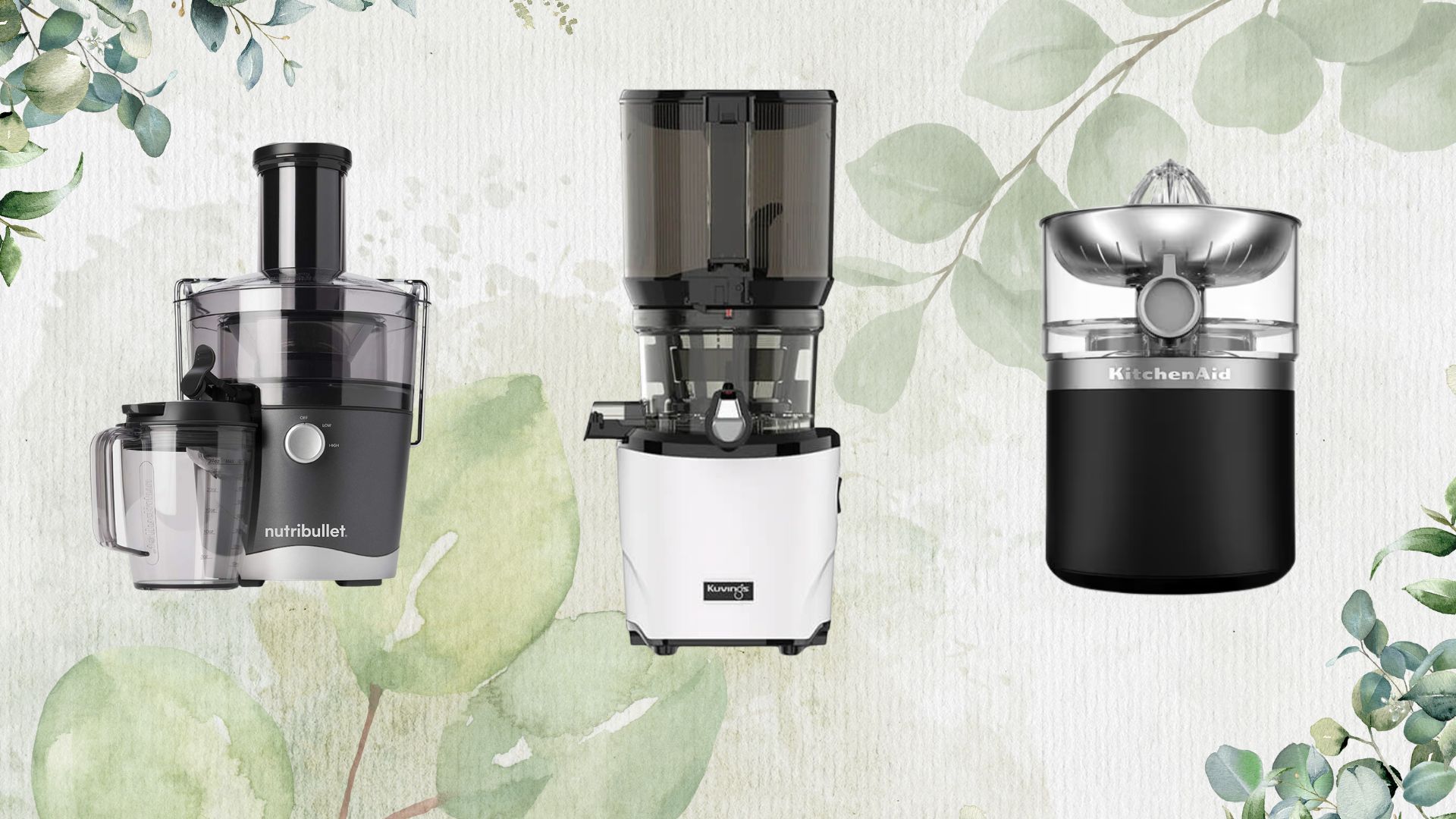 Three of the best juicers, the Nutribullet Centrifugal Juicer, a KitchenAId Go Cordless Juicer, and the Kuvings Auto10 Juicer on a green background