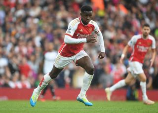 Eddie Nketiah of Arsenal during the Premier League match between Arsenal FC and Fulham FC at Emirates Stadium on August 26, 2023 in London, England. (Photo by Stuart MacFarlane/Arsenal FC via Getty Images)