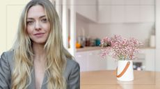 picture of neutral kitchen with pink flowers on table and cut out of Amanda Seyfried over top