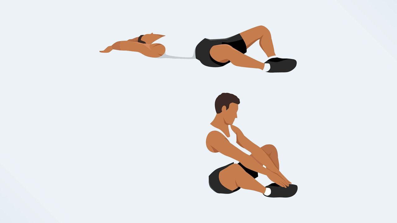 an illo of a man doing a frog sit up