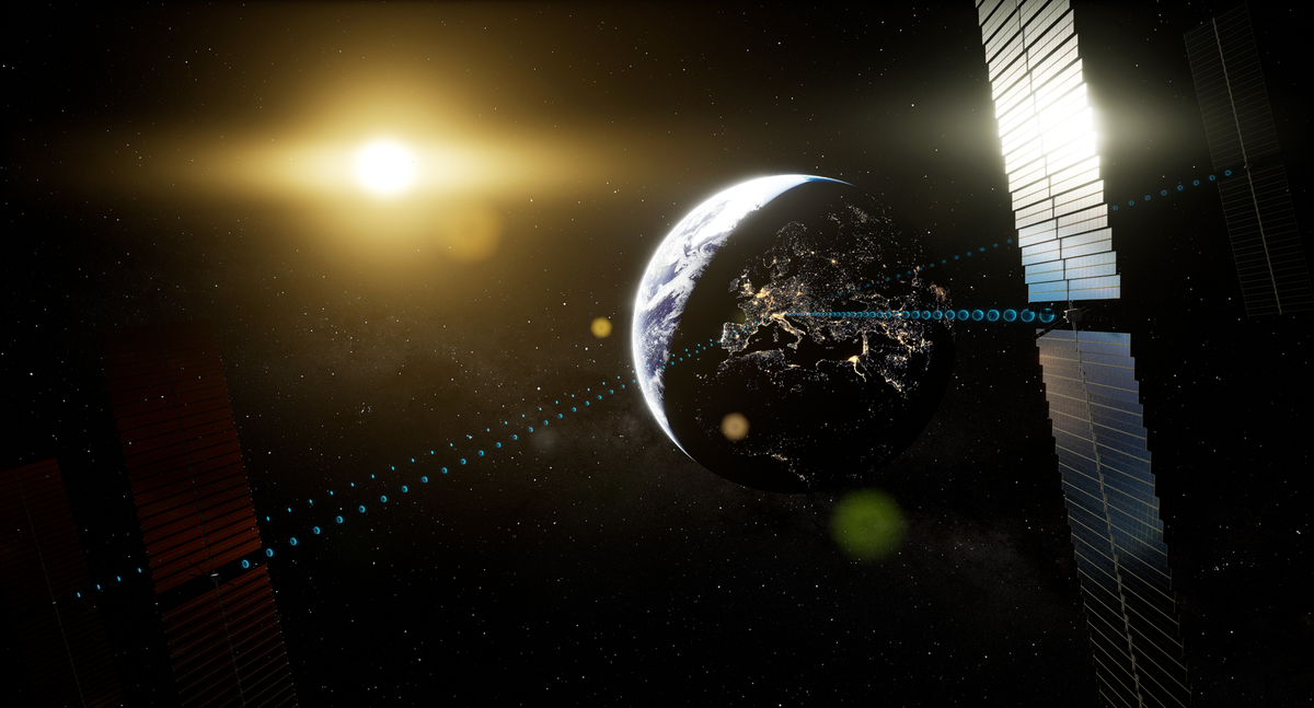 A mock up of a solar power plant in space