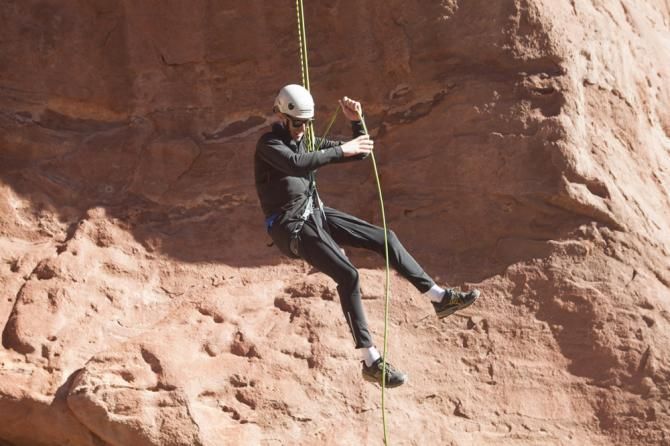 Rappelling was one of the outdoor team-building activities on the agenda at Garmin's recent Boulder mini-camp