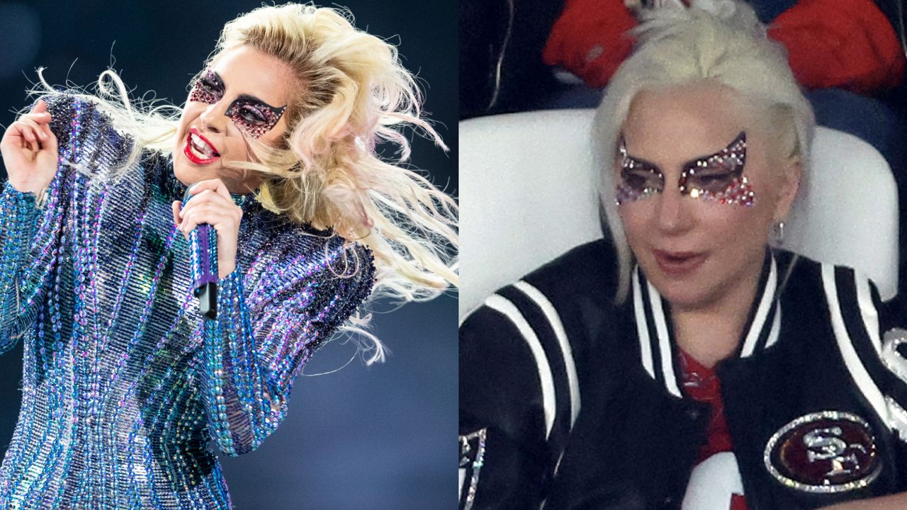 A split of Lady Gaga in crystal eye makeup