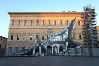 JR optical illusion street art on the wall of the Palazzo Farnese