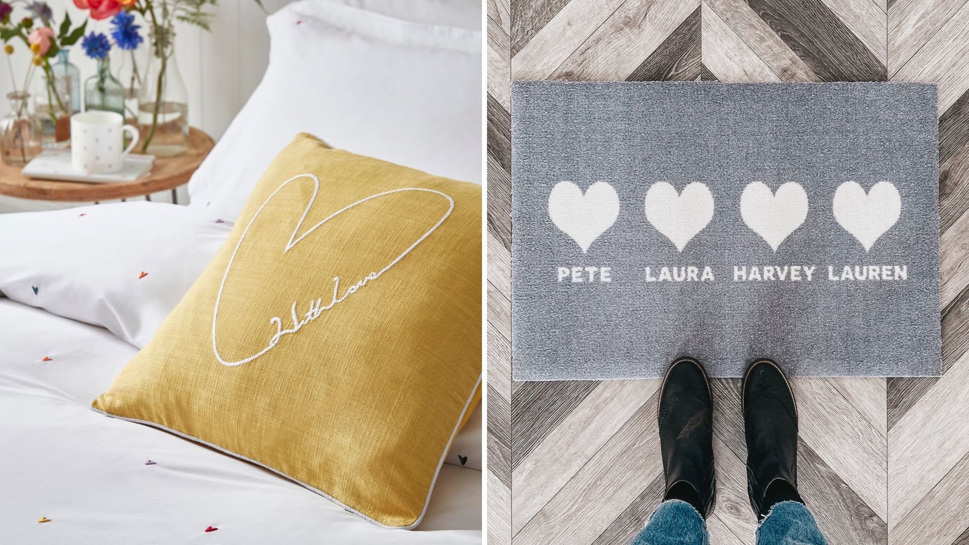 heart-shaped cushion in mustard with grey door mat with hearts and personalized names as valentine's day decorations