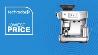 The Breville Barista Touch Impress Espresso Machine on a blue background with text saying Lowest Price.