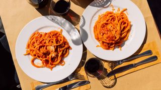 Two plates of pasta and two glasses of wine sitting on a dining table in the sunshine