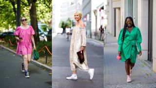 a composite of street style influencers showing how to wear high top converse with dresses