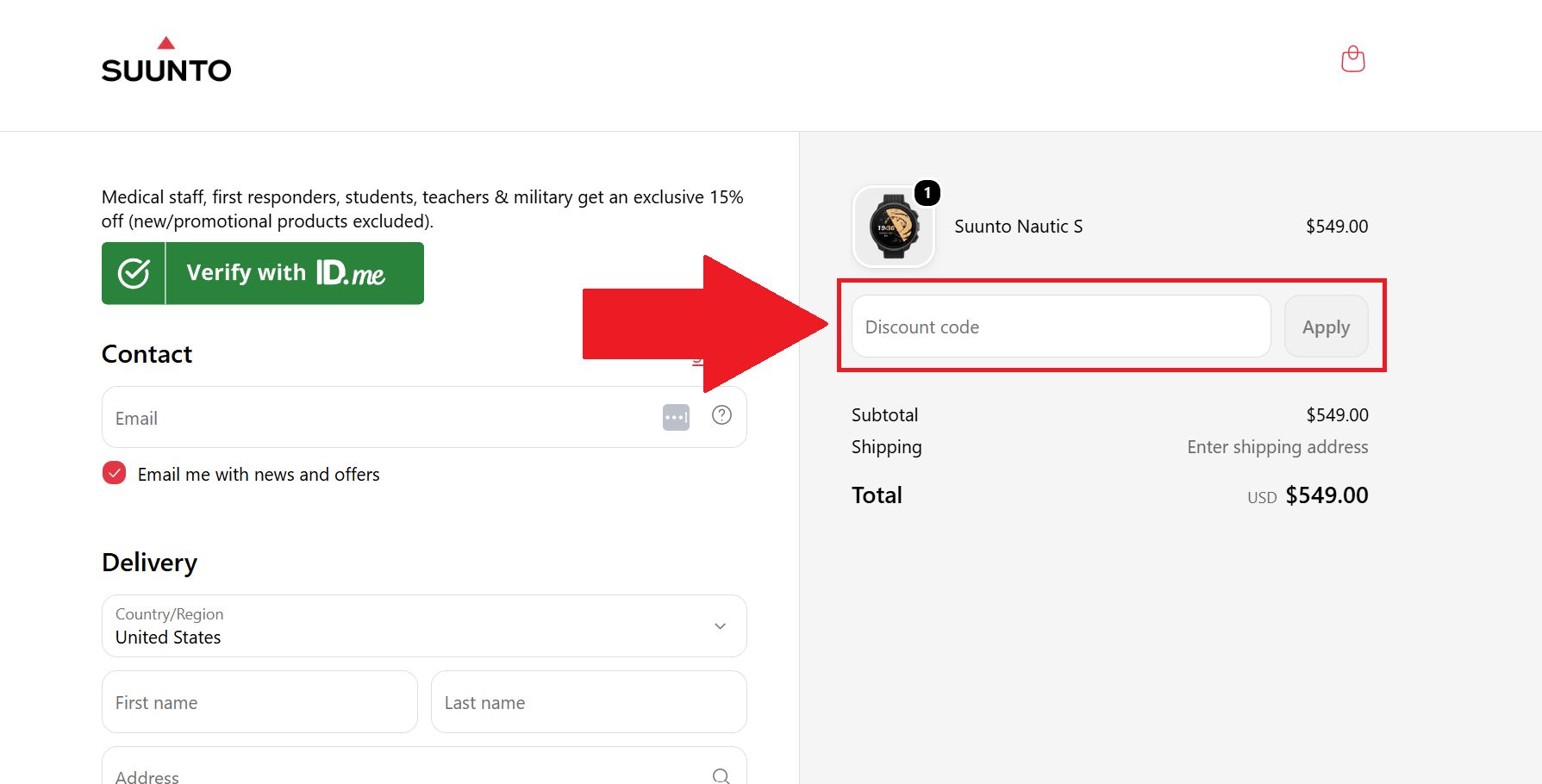 A screenshot of the Suunto checkout page showing where to enter a Suunto Promo code