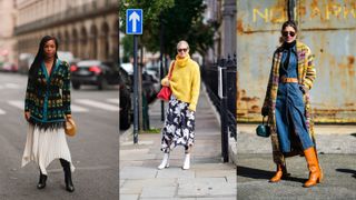 A composite of street style influencers showing winter outfit ideas a dress and a longline knit