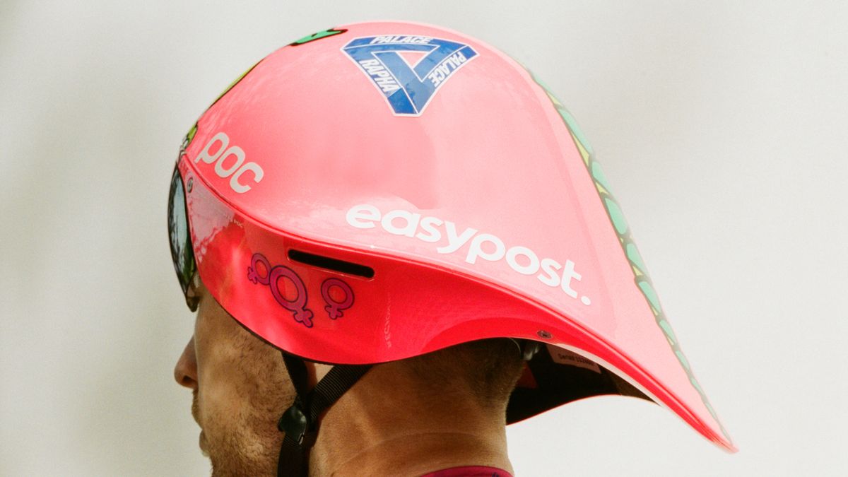 A close up of the POC helmet in Rapha/Palace colours
