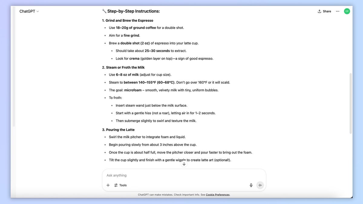 a screenshot from ChatGPT asking how to make the perfect latte, with ChatGPT's response visible