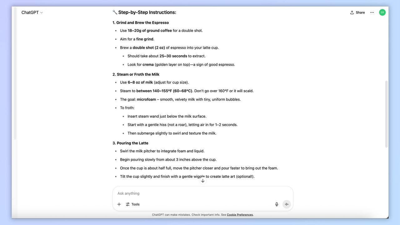 a screenshot from ChatGPT asking how to make the perfect latte, with ChatGPT's response visible