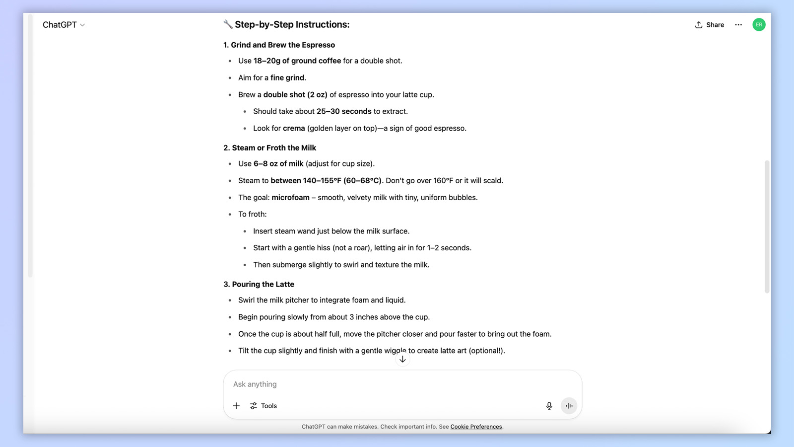 a screenshot from ChatGPT asking how to make the perfect latte, with ChatGPT's response visible