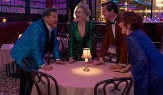 The Prom James Corden, Nicole Kidman, Andrew Rannells, and Meryl Streep in a giddy circle