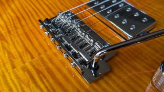 Close up of a Wilkinson tremolo bridge on the Soloking MS-1 Custom