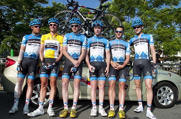 The Garmin-Barracuda team pose for a photo prior to stage five in Ayer Keroh.