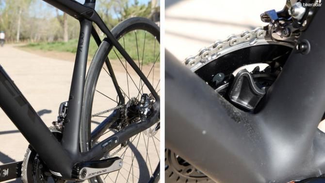 Sitting at the base of the flared and ovalised seat tube is Trek's integrated chain catcher. Note the generously proportioned 90mm-wide bottom bracket shell, too