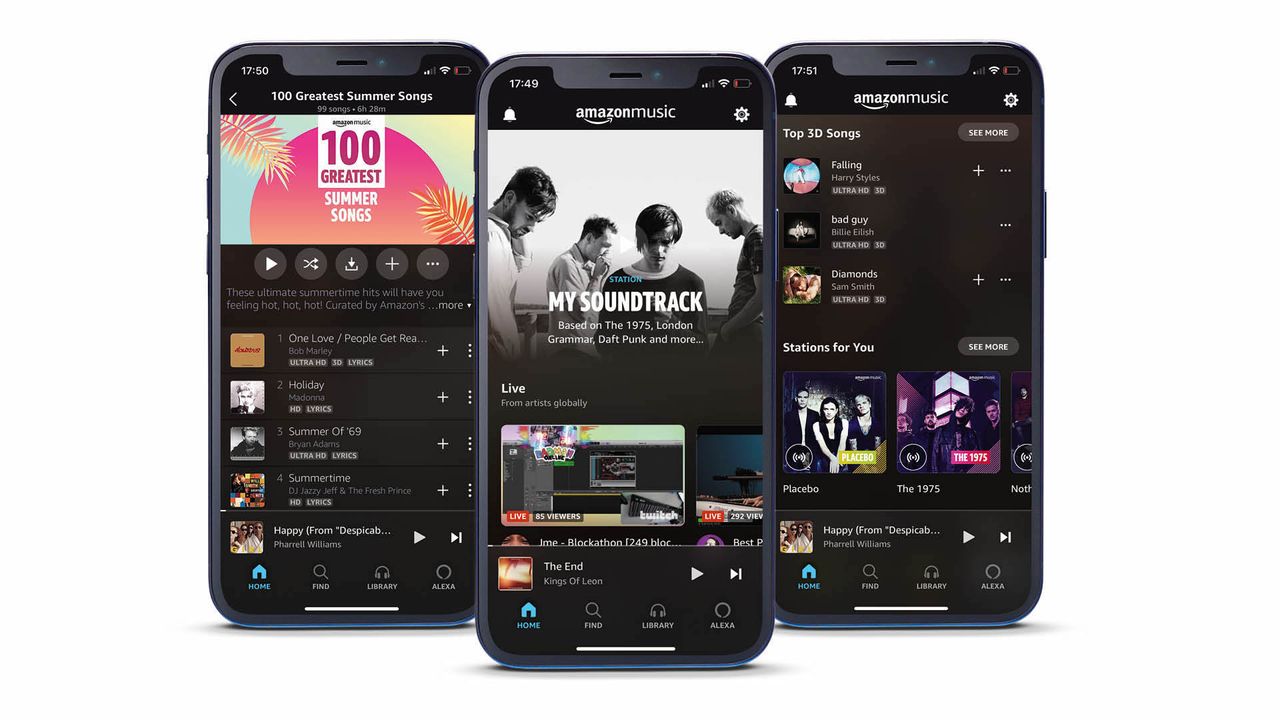 A composite image of three phones on a white background all running the Amazon Music Unlimited app