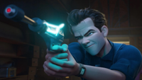 an animated image of a man aiming a laser pistol