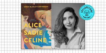 split image of Alice Sadie Celine book cover and Sarah Blakley-Cartwright headshot overlaid grid background with blue ReadWithMC stamp 