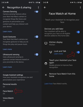 Google Home app screenshot of Look and Talk setup on Nest Hub Max