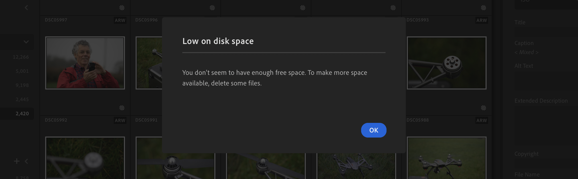 Lightroom error disk space