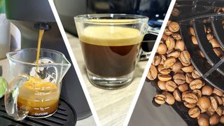 Coffee being dispensed into a measuring cup, a glass cup of espresso, and coffee beans in a coffee machine's hopper
