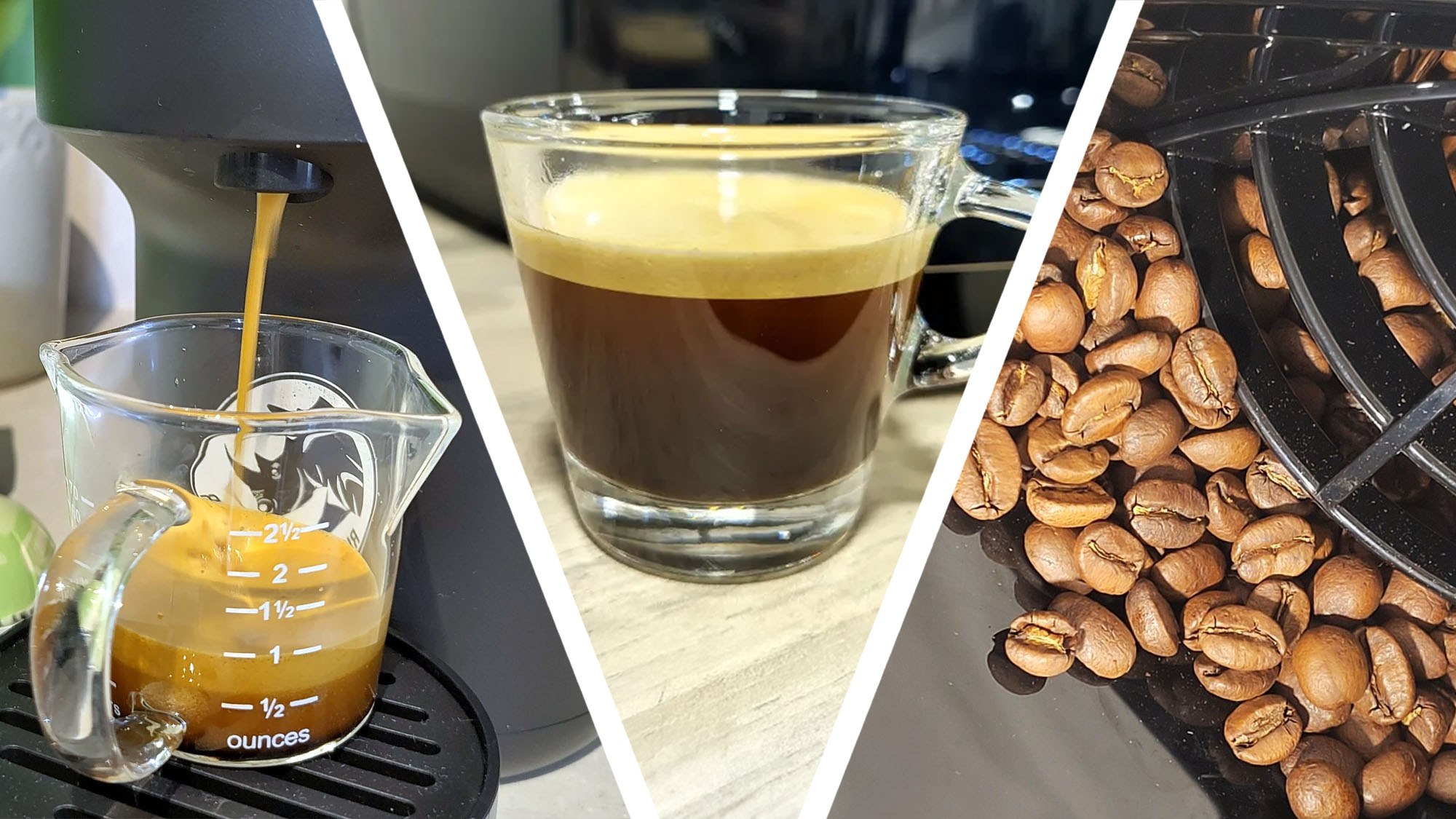 Coffee being dispensed into a measuring cup, a glass cup of espresso, and coffee beans in a coffee machine&#039;s hopper
