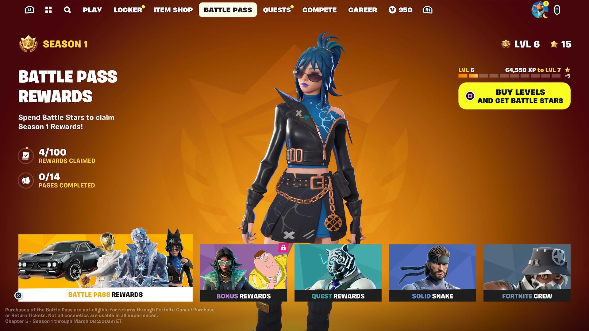 L'écran du Battle Pass du chapitre 5 de la saison 1 de Fortnite