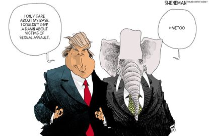 Political cartoon U.S. Trump taxes GOP #MeToo sexual assault victims