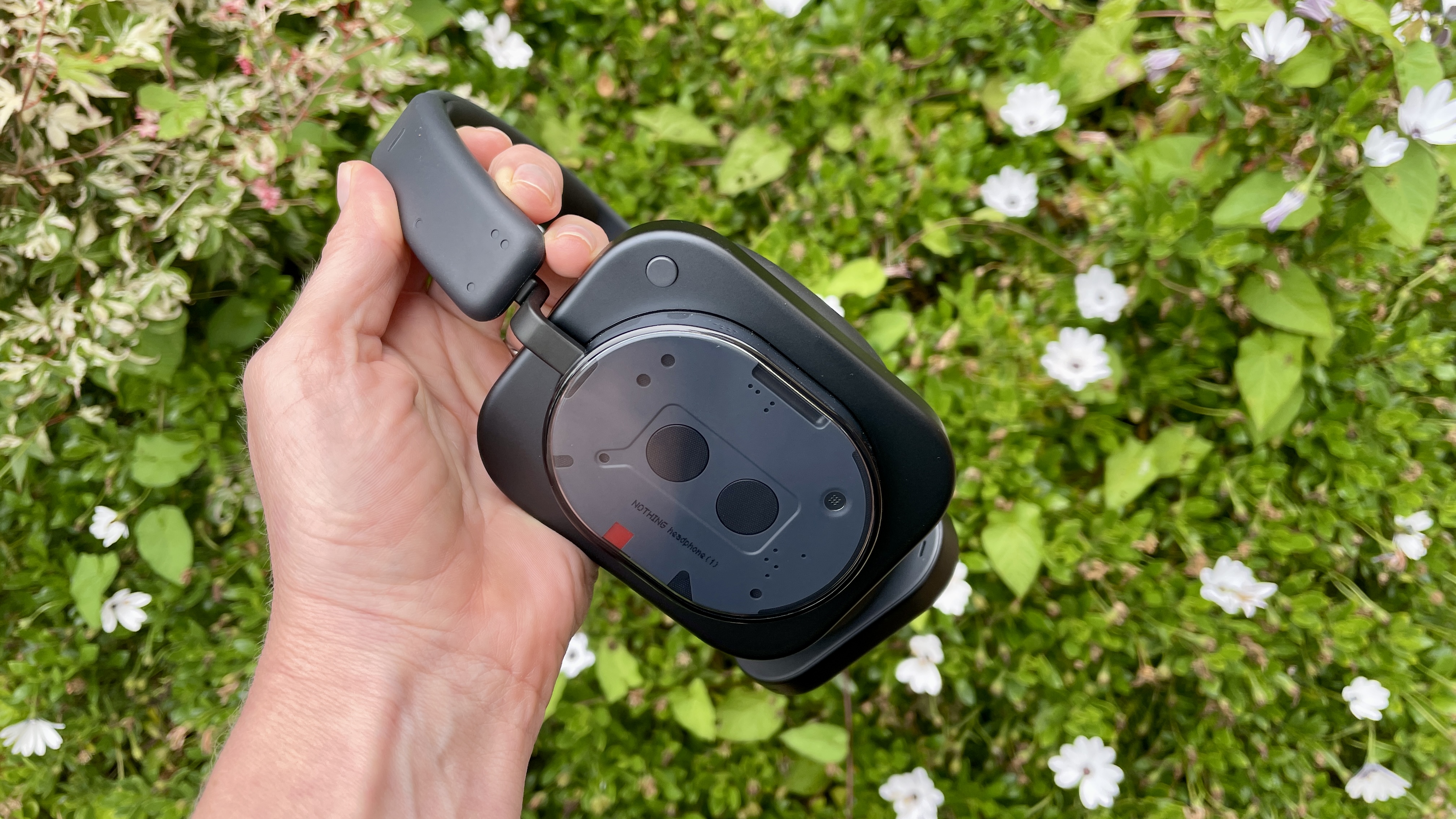 Nothing Headphone (1) in black, on a pink rose and floral background, held in a woman's hand
