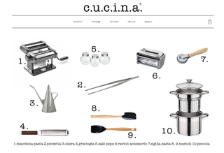 Different kitchen utensils, most of which with chrome linings, appear numbered from 1 to 10 against a white background. On top of the image, we read "c.u.c.i.n.a.".