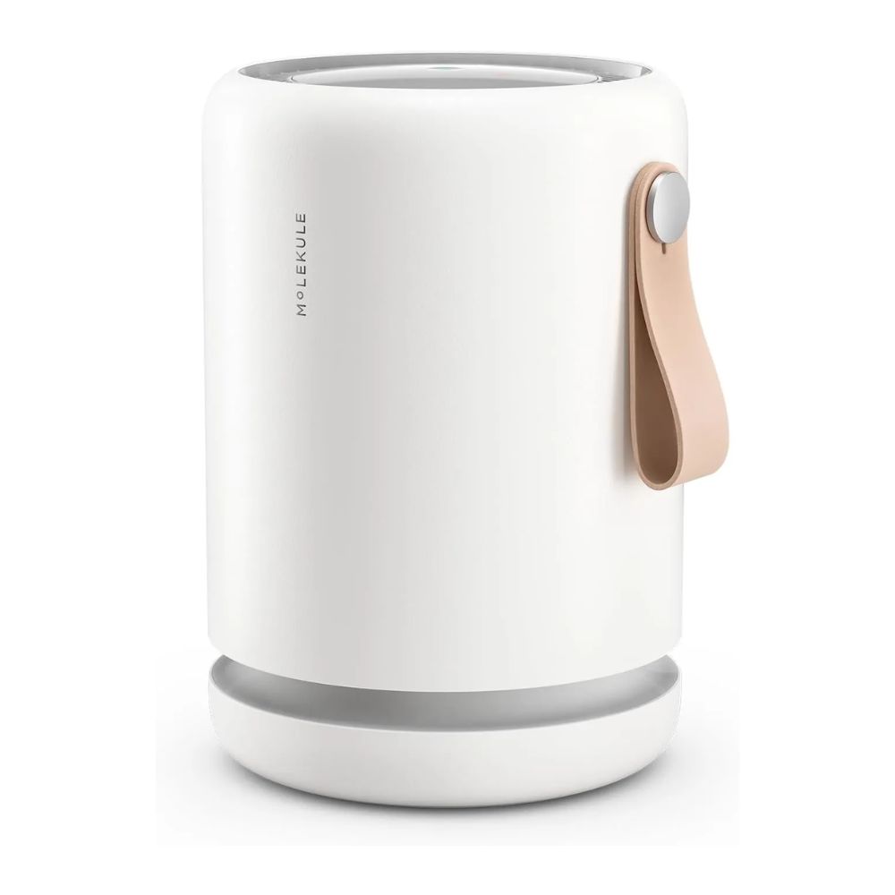A sleek white air purifier on a white backdrop