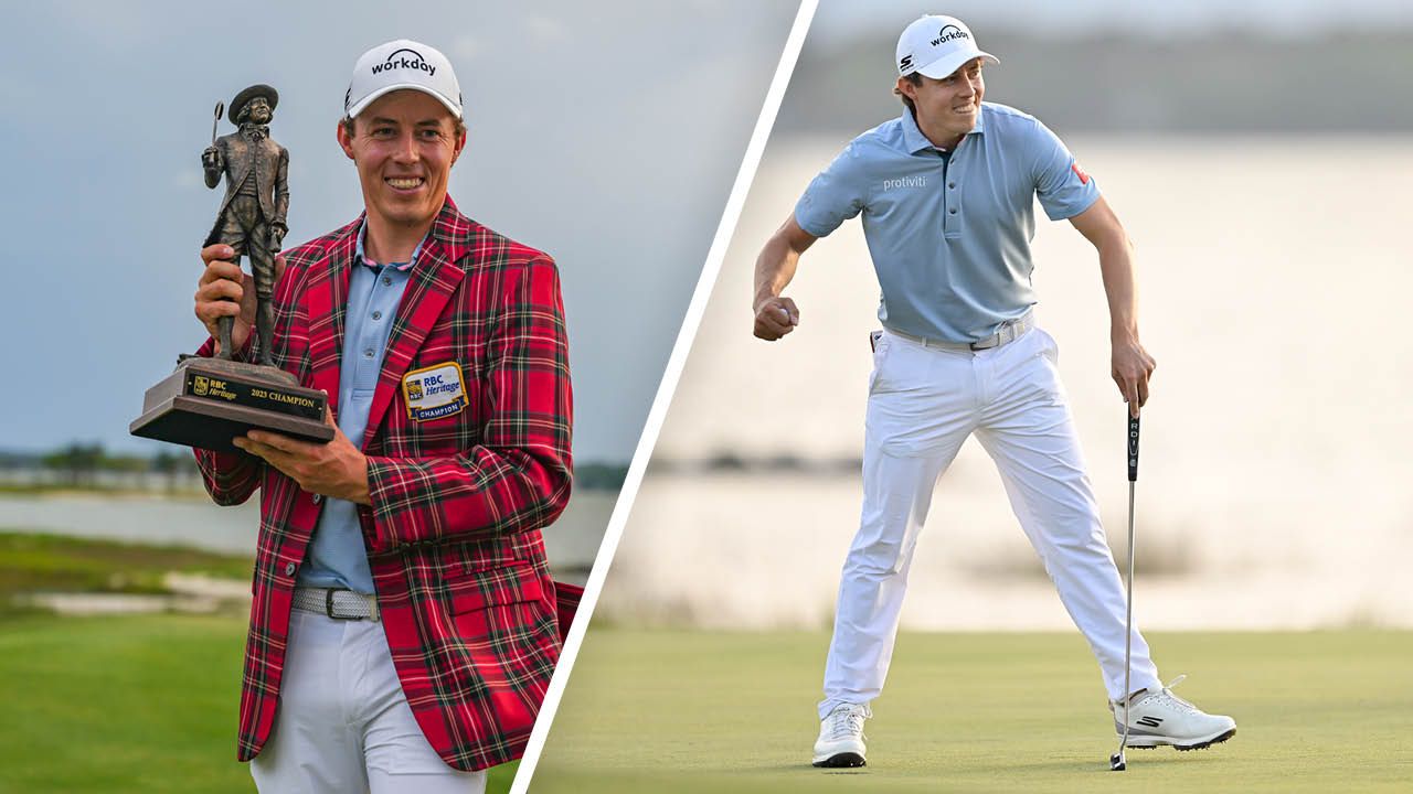 Matt Fitzpatrick with the trophy after winning the RBC Heritage and celebrating after holing the winning putt