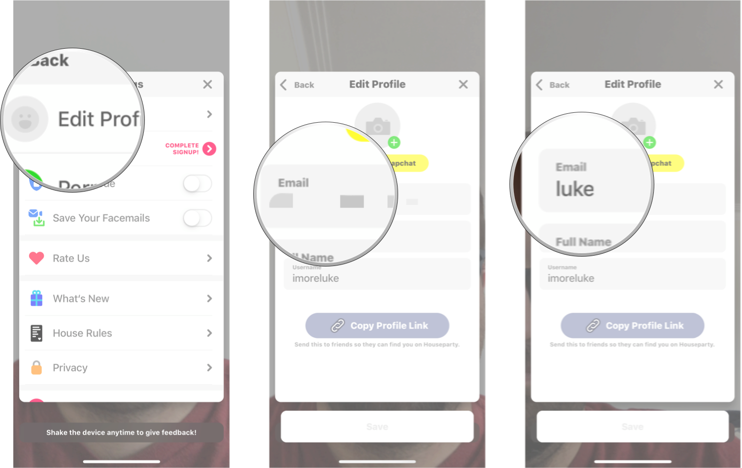 Tap edit profile, tap your email, enter your new email.
