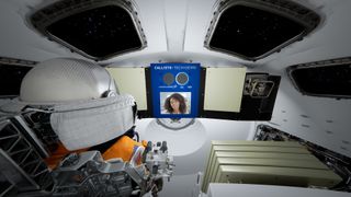 A digital render of the interior of the Orion spacecraft with the Callisto Alexa device front-and-center.