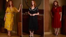 Three images of Christina Hendricks modelling her collection for Joanie