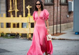 Best wedding guest dresses: Aimee Song wears a pink wedding guest dress