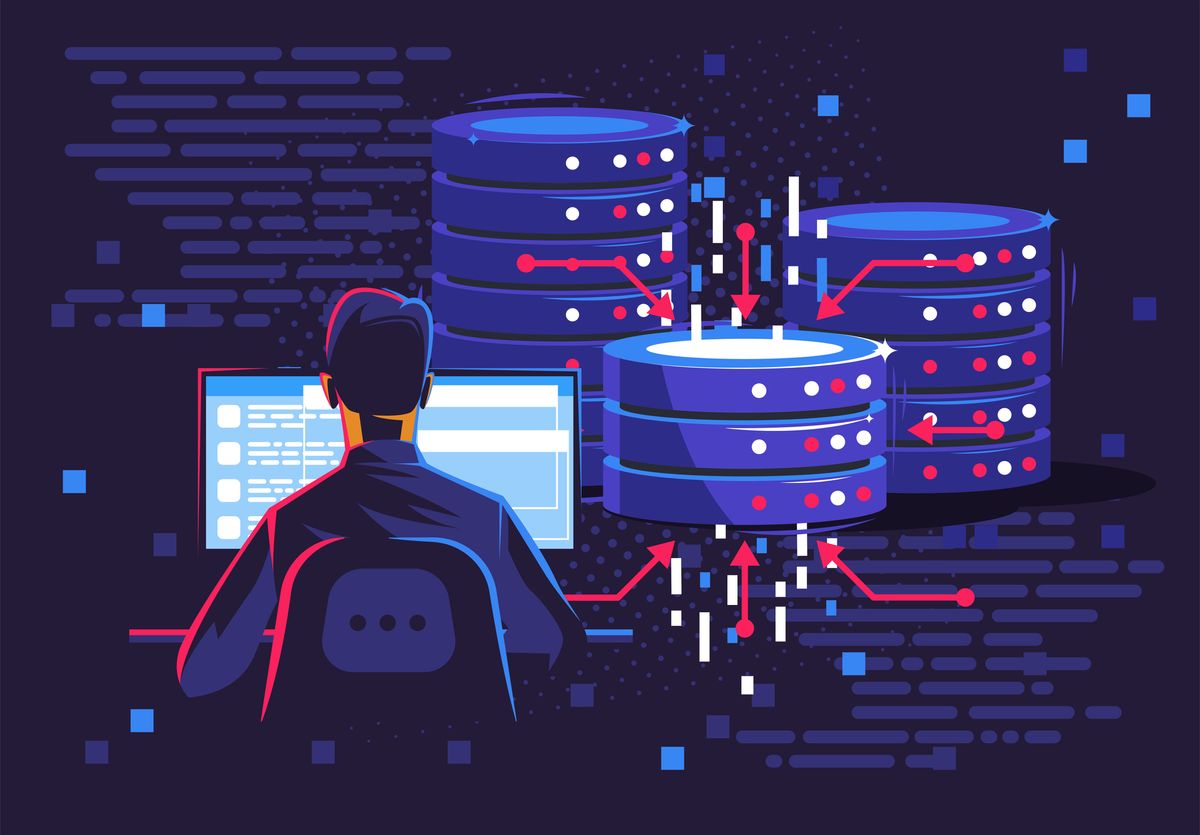 System administrator appreciation day: mockup showing a man sat at a desk working ata. computer, as well as data centre imagery in the background