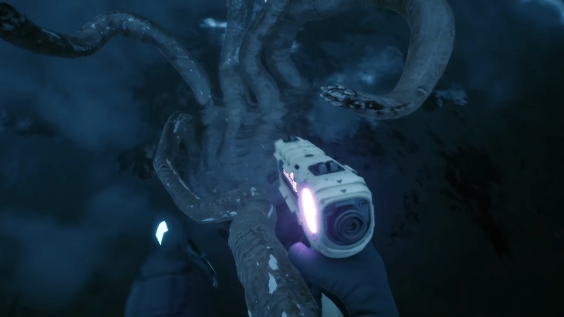 A player shooting a giant tentacle monster during the trailer for Forest 3