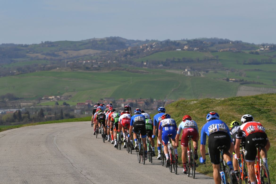 The distant hills awaiting the peloton on a lumpy stage at Tirreno-Adriatico