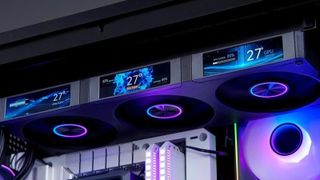 A promotional image for the Jonsbo TF3-360SCB AIO liquid CPU cooler, focusing on its key selling point: four LCD screens.