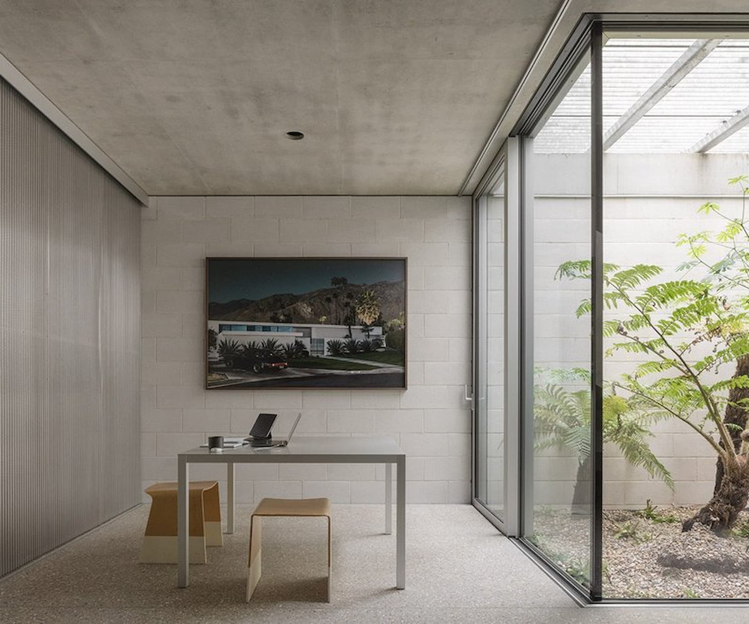 An office next to a enclosed garden with a tree