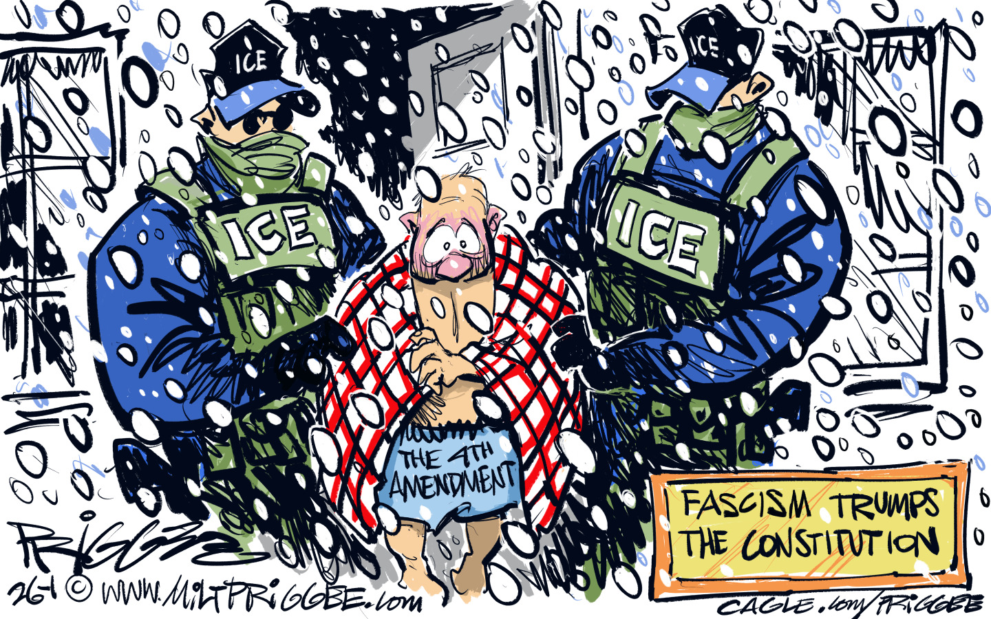 This cartoon is titled &amp;quot;Fascism Trumps the Constitution.&amp;quot; It's a blizzard and two masked ICE agents have apprehended a shivering, frightened man who wears only a robe and a pair of boxer underwear with the words &amp;quot;The 4th Amendment&amp;quot; across the front.