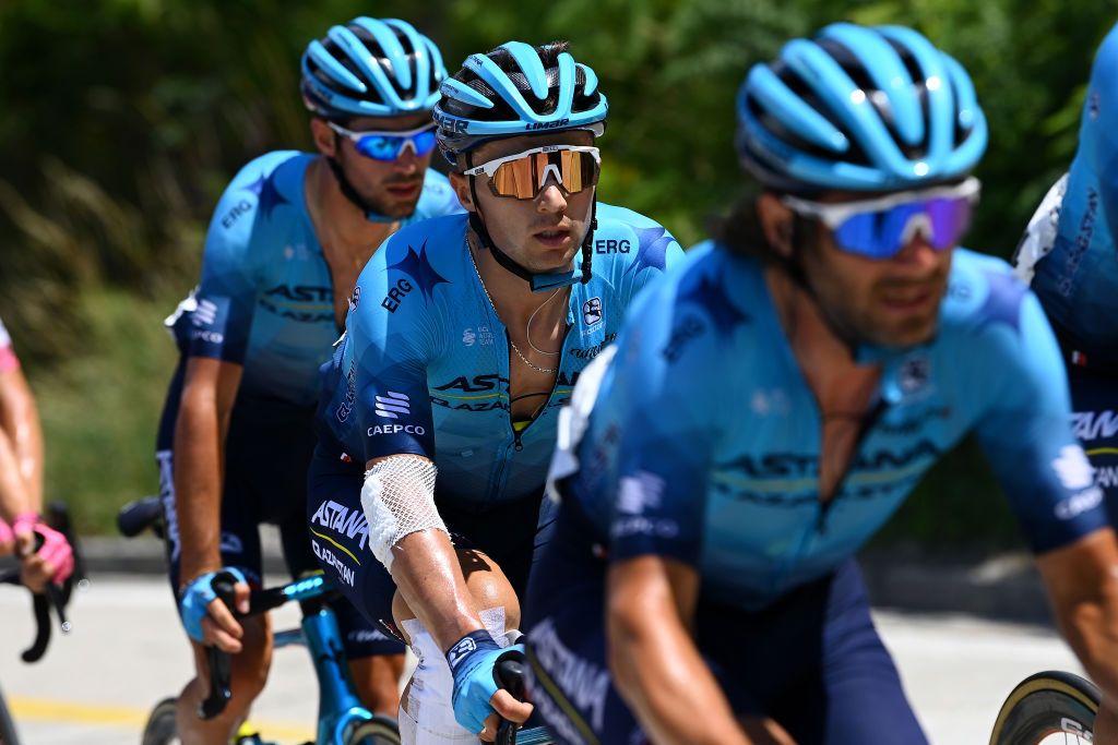 NOVAZZANO SWITZERLAND JUNE 16 Alexey Lutsenko of Kazahkstan and Team Astana Qazaqstan competes during the 85th Tour de Suisse 2022 Stage 5 a 1901km stage from Ambri to Novazzano 364m ourdesuisse2022 WorldTour on June 16 2022 in Novazzano Switzerland Photo by Tim de WaeleGetty Images