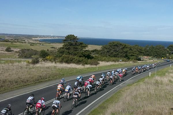 The peloton speeds towards the turn-off before Wonthaggi and making their way inland to the hills.